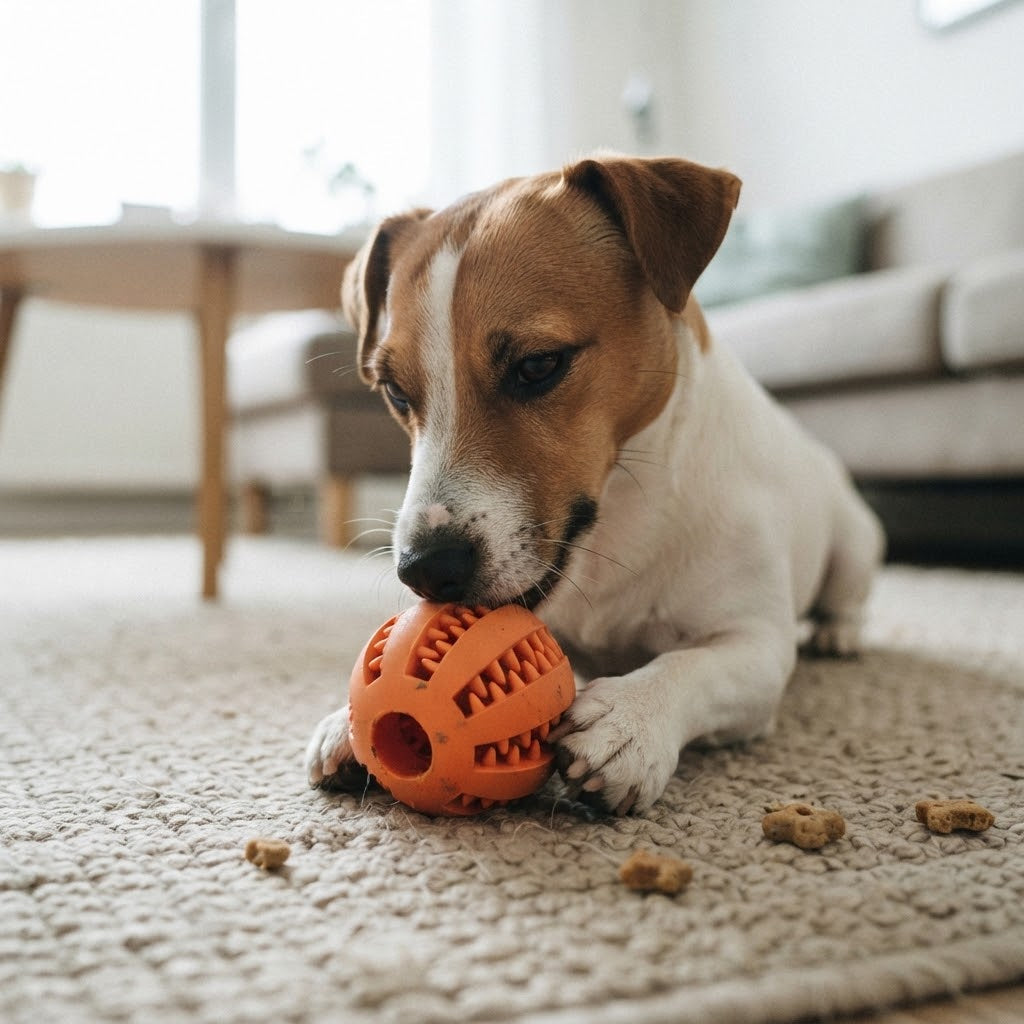 Jack russell allongé sur un tapis qui mordille une balle distributrice de friandises orange