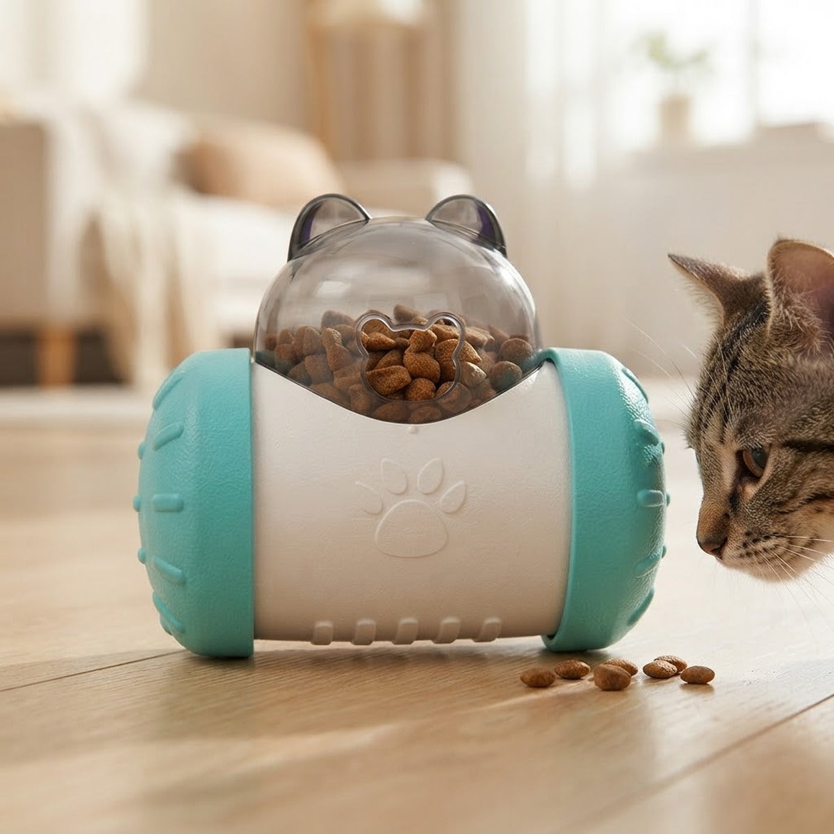 Chat qui renifle des croquettes tombées d'un distributeur culbuto posé sur le parquet