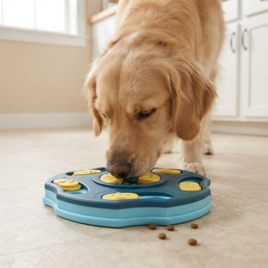 Golden retriever qui cherche ses croquettes dans une gamelle anti-glouton bleue