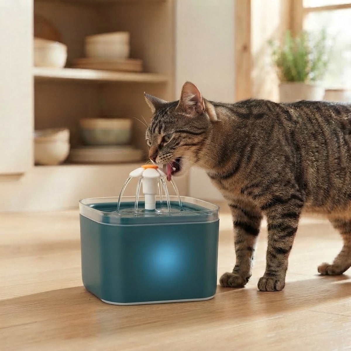 Chat tigré qui boit à un filet d'eau d'une fontaine à eau dans une cuisine
