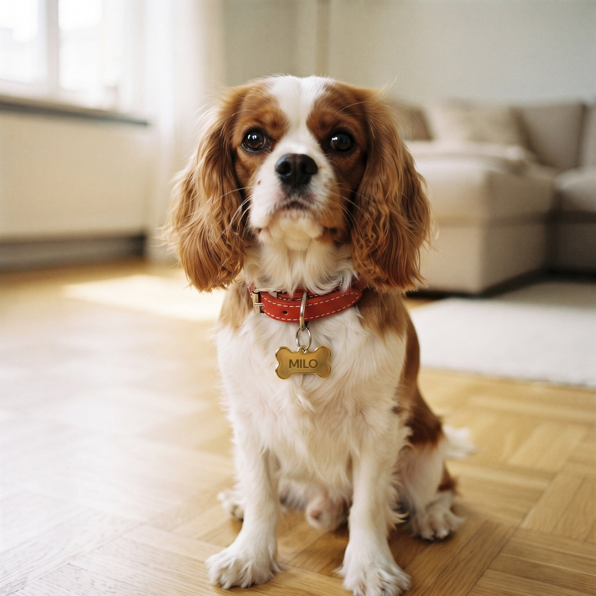 Cavalier king charles portant un collier rouge et une médaille en forme d'os gravée Milo