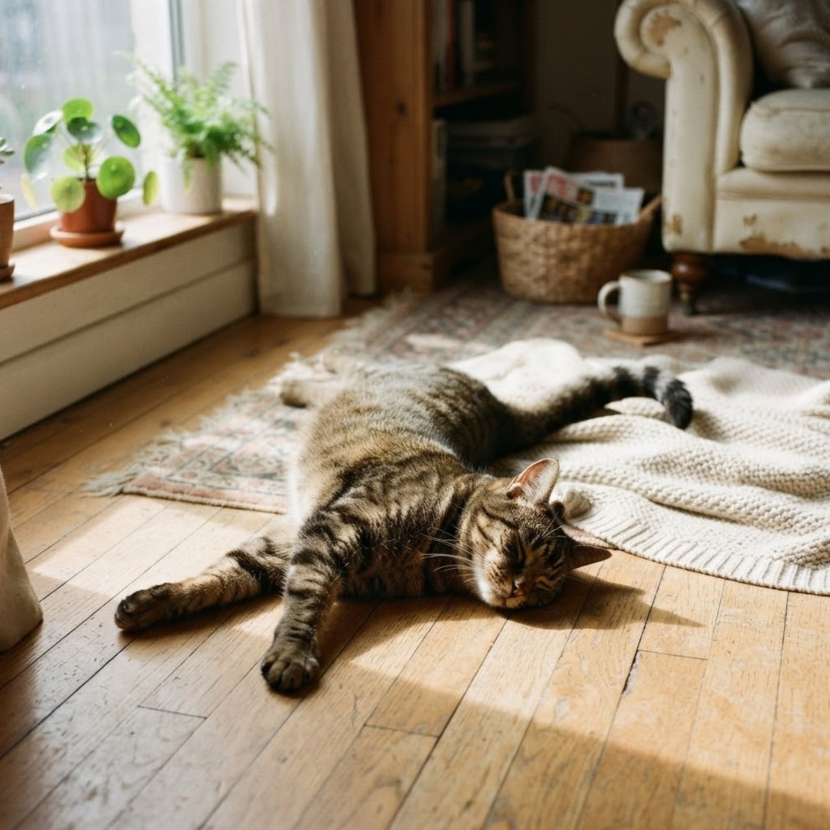 Chat tigré qui s'étire au soleil sur le parquet d'un salon