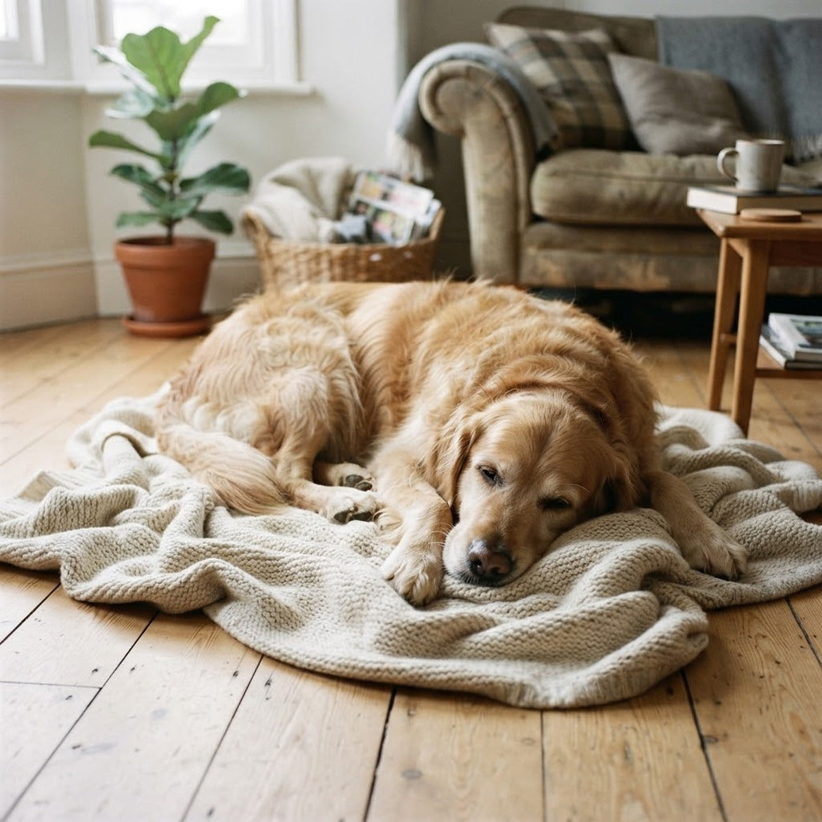 Golden retriever endormi sur un plaid en laine dans un salon lumineux