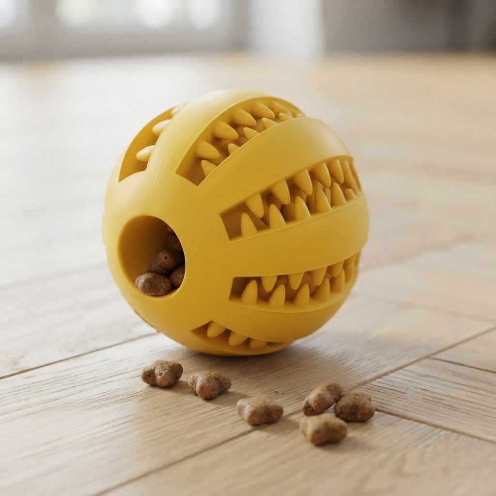 Balle distributrice jaune remplie de friandises, quelques friandises tombées sur le parquet