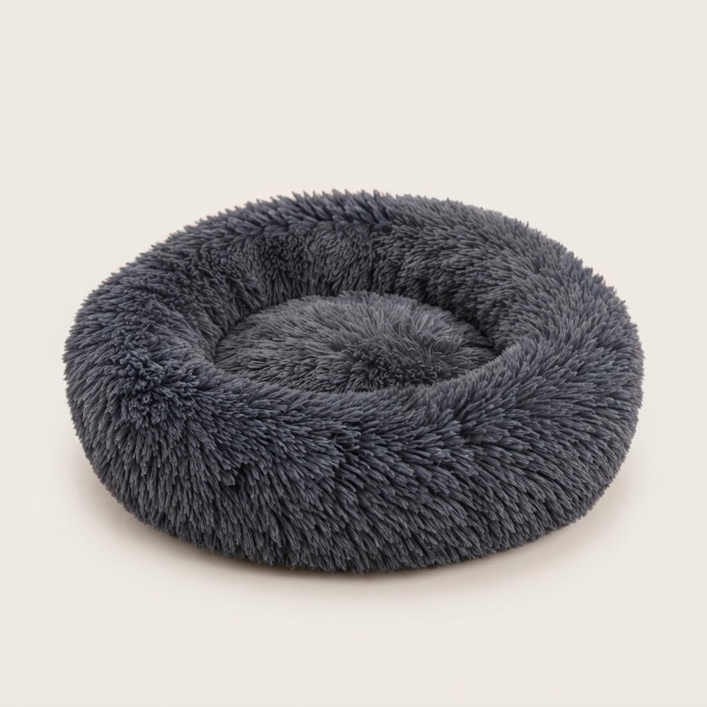Coussin donut apaisant gris foncé en peluche longue pour chien et chat
