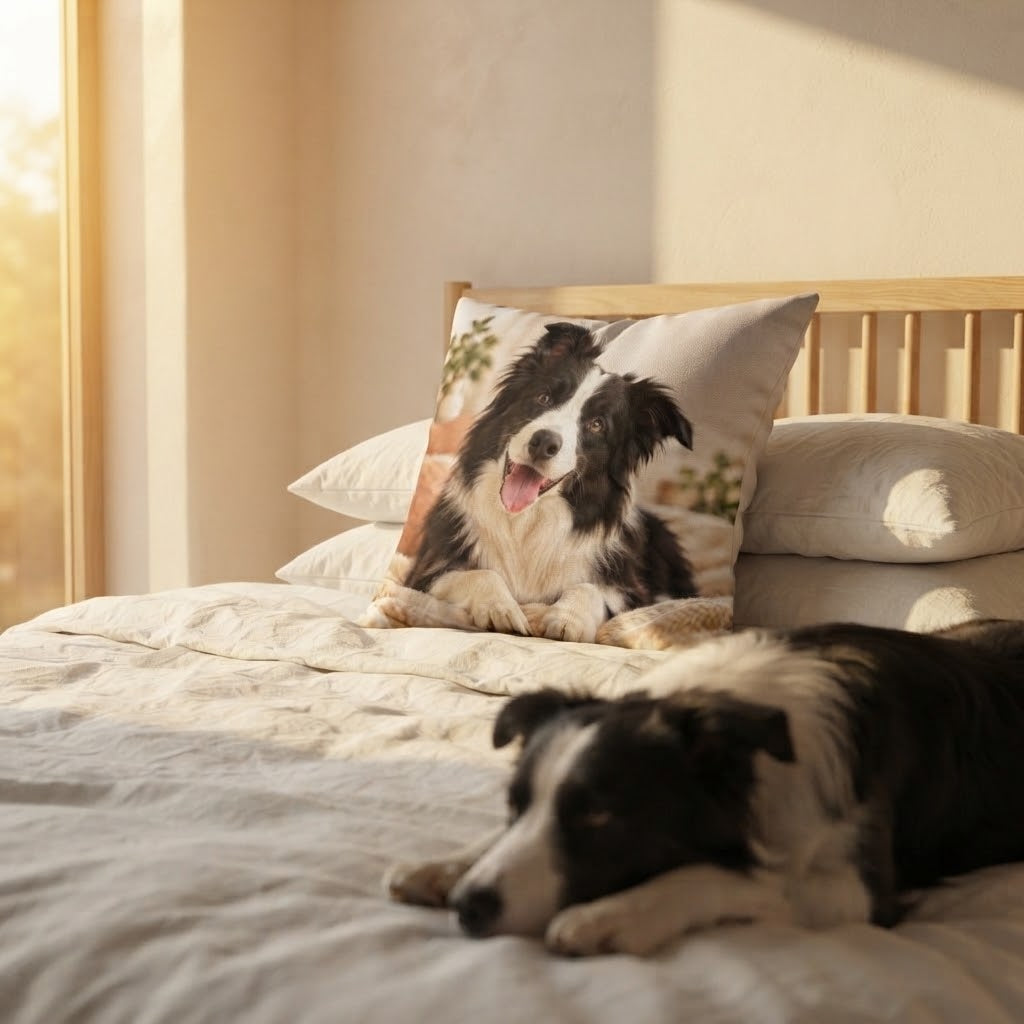 Border collie allongé sur un lit devant la housse de coussin imprimée avec sa photo