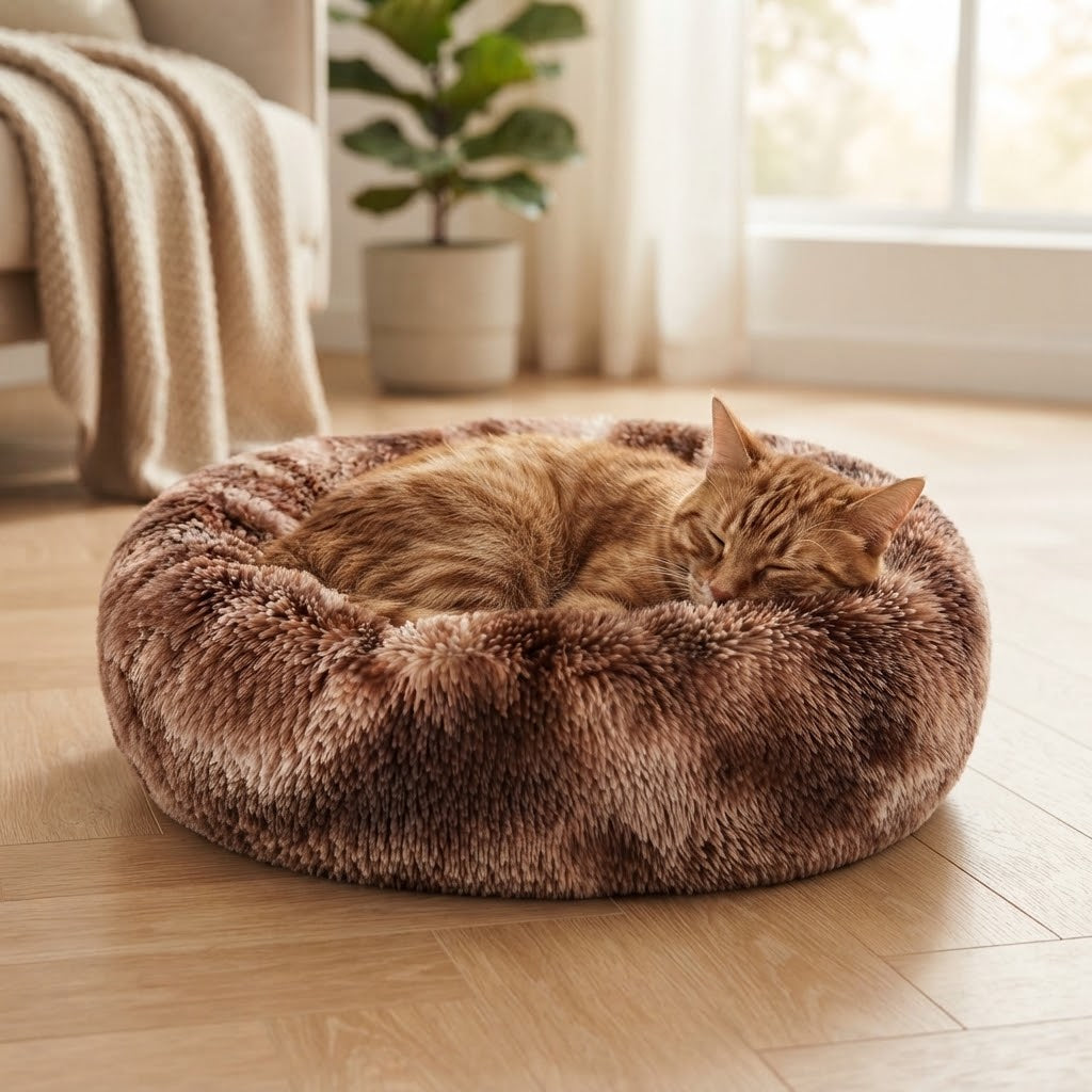 Chat roux endormi en boule dans le coussin donut café tie-dye dans un salon lumineux