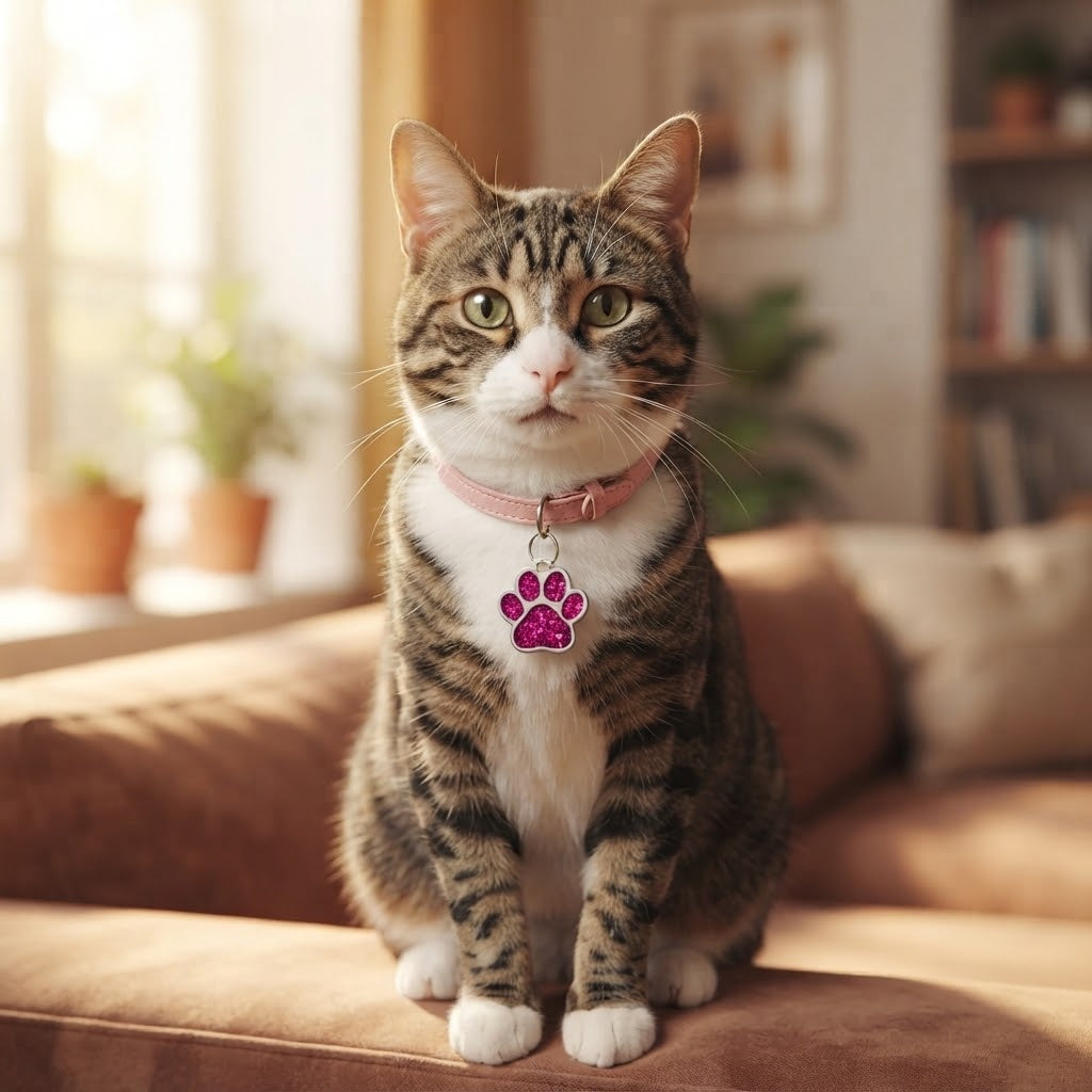 Chat tigré assis sur un canapé portant un collier rose et la médaille patte à paillettes roses