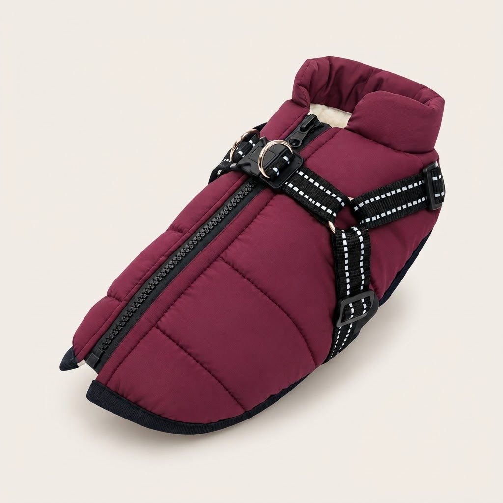 Veste d'hiver pour chien prune avec harnais intégré et bandes réfléchissantes