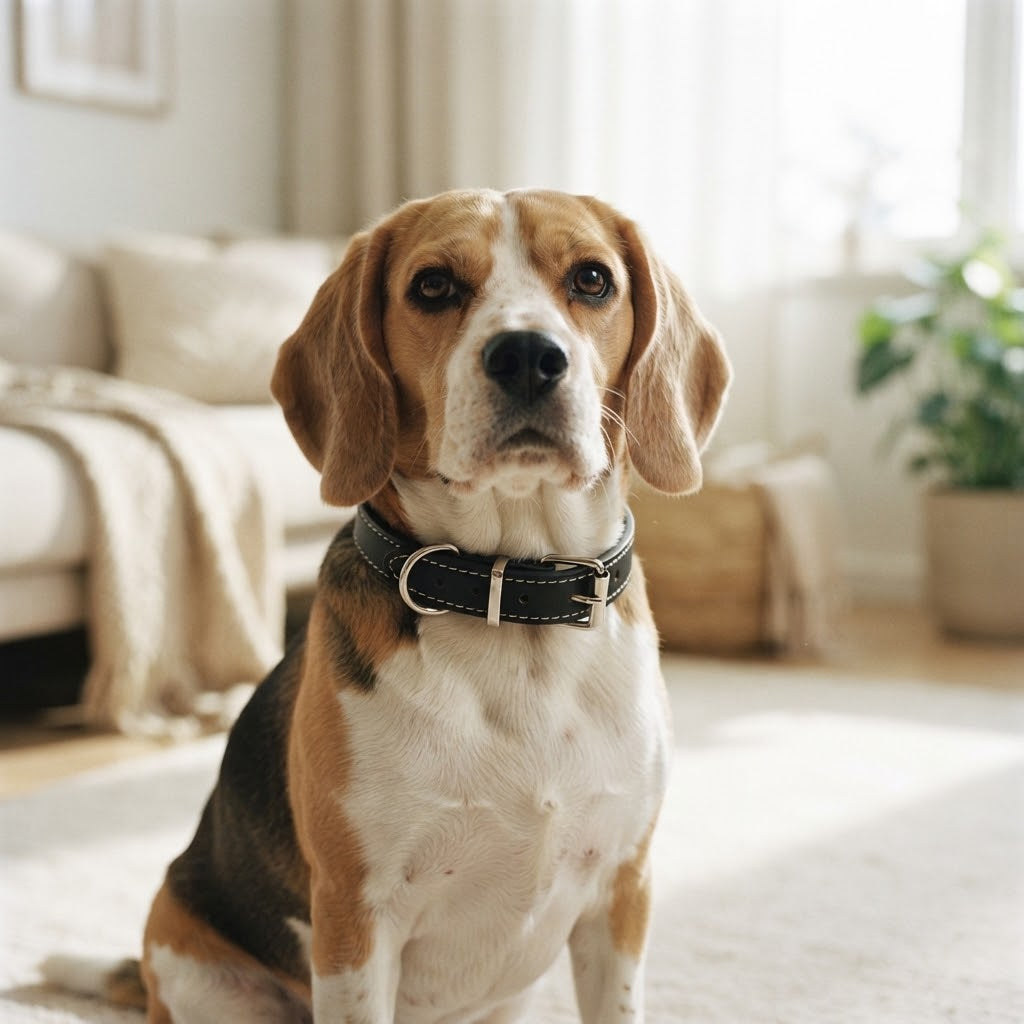 Beagle assis dans un salon portant le collier en cuir noir