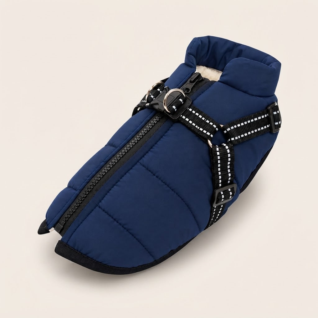 Veste d'hiver pour chien bleu marine avec harnais intégré et bandes réfléchissantes