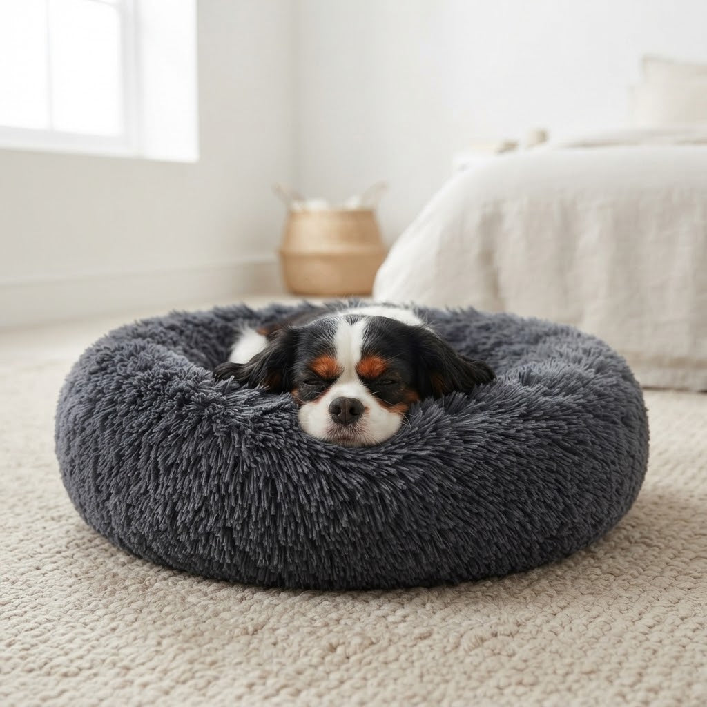 Cavalier king charles endormi dans le coussin donut gris foncé, le menton sur le rebord