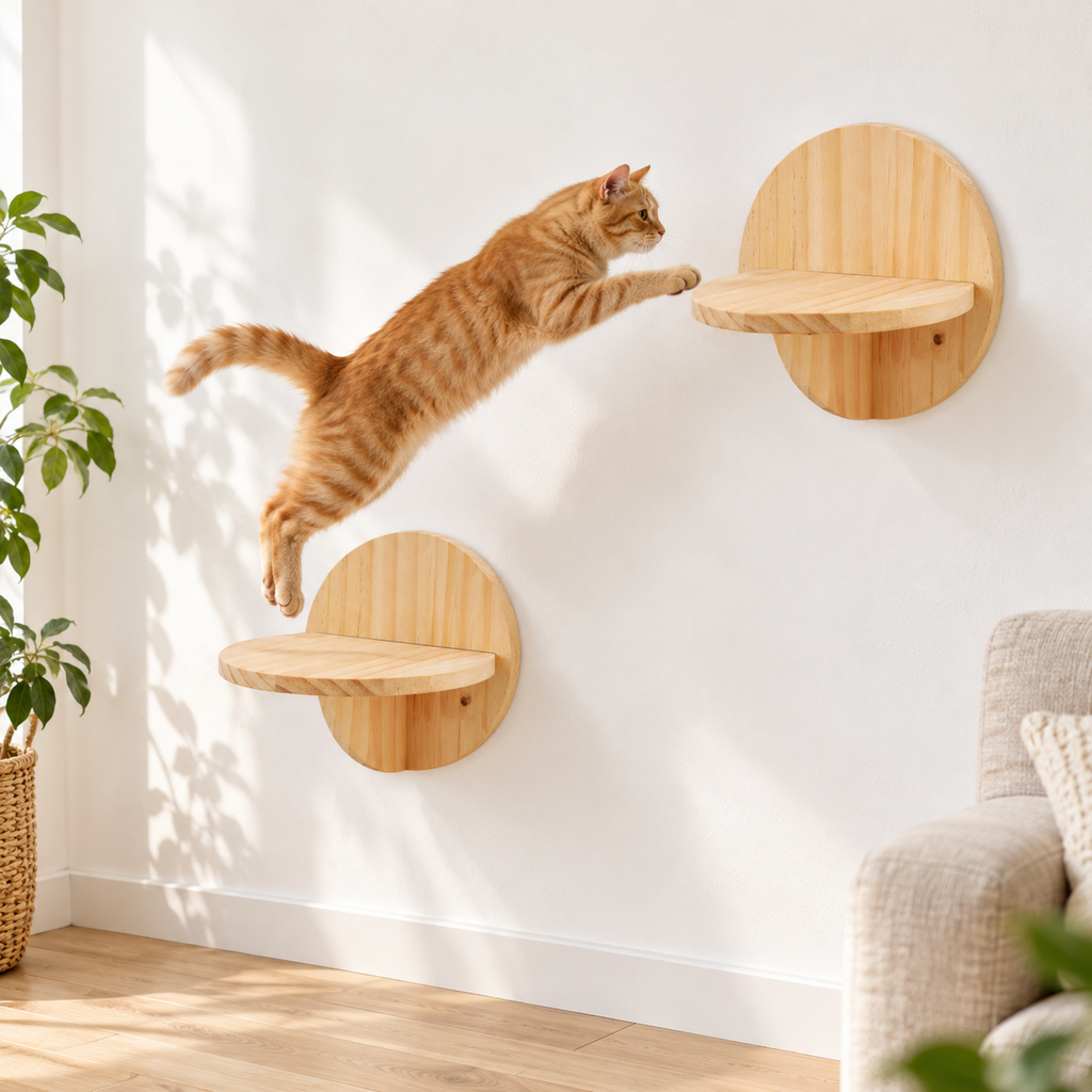 Chat roux sautant entre deux plateformes rondes murales en bois de pin