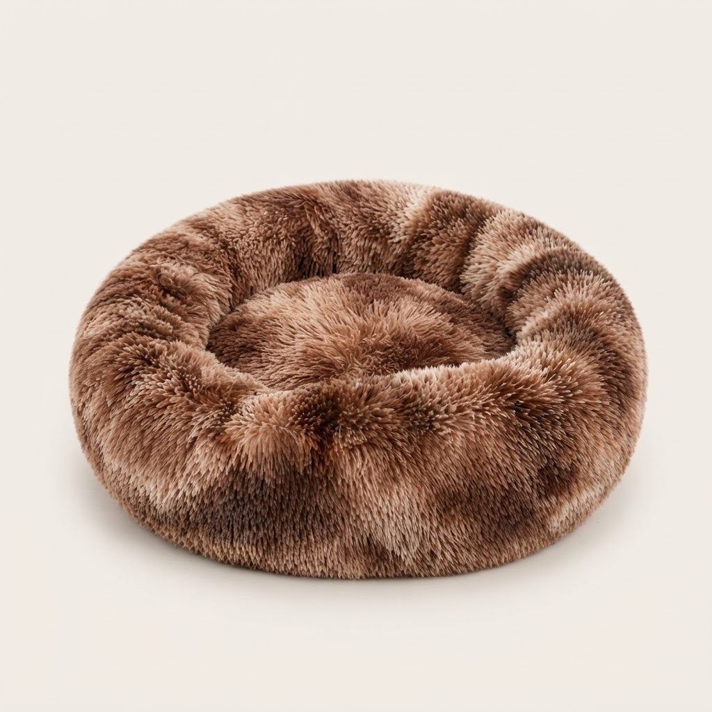 Coussin donut apaisant café tie-dye en peluche longue pour chien et chat