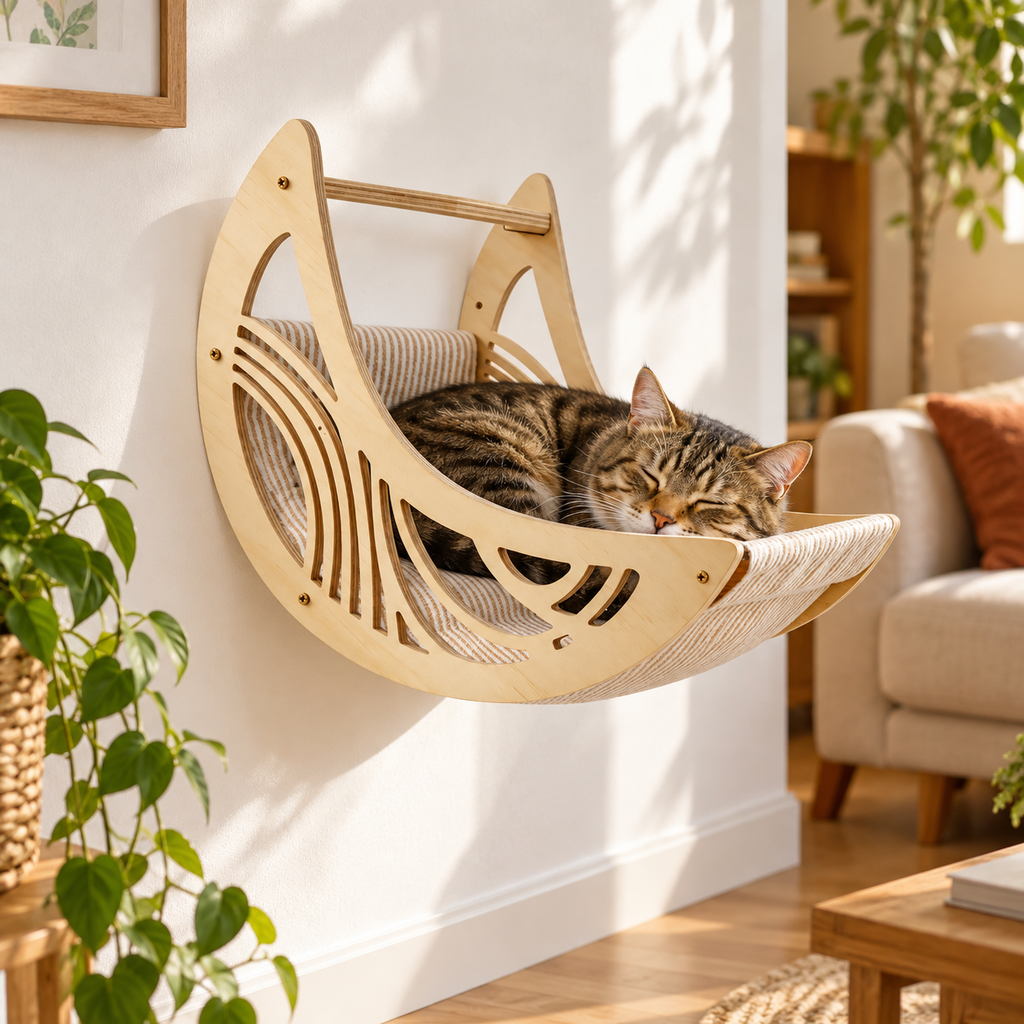 Chat tigré endormi dans le lit lune mural en bois fixé au mur d'un salon