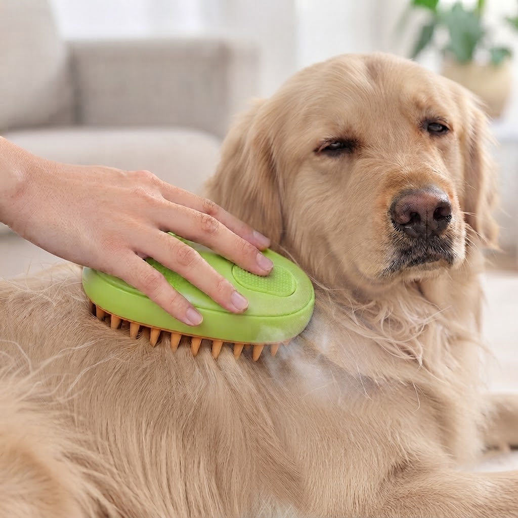 Golden retriever détendu brossé avec la brosse vapeur verte