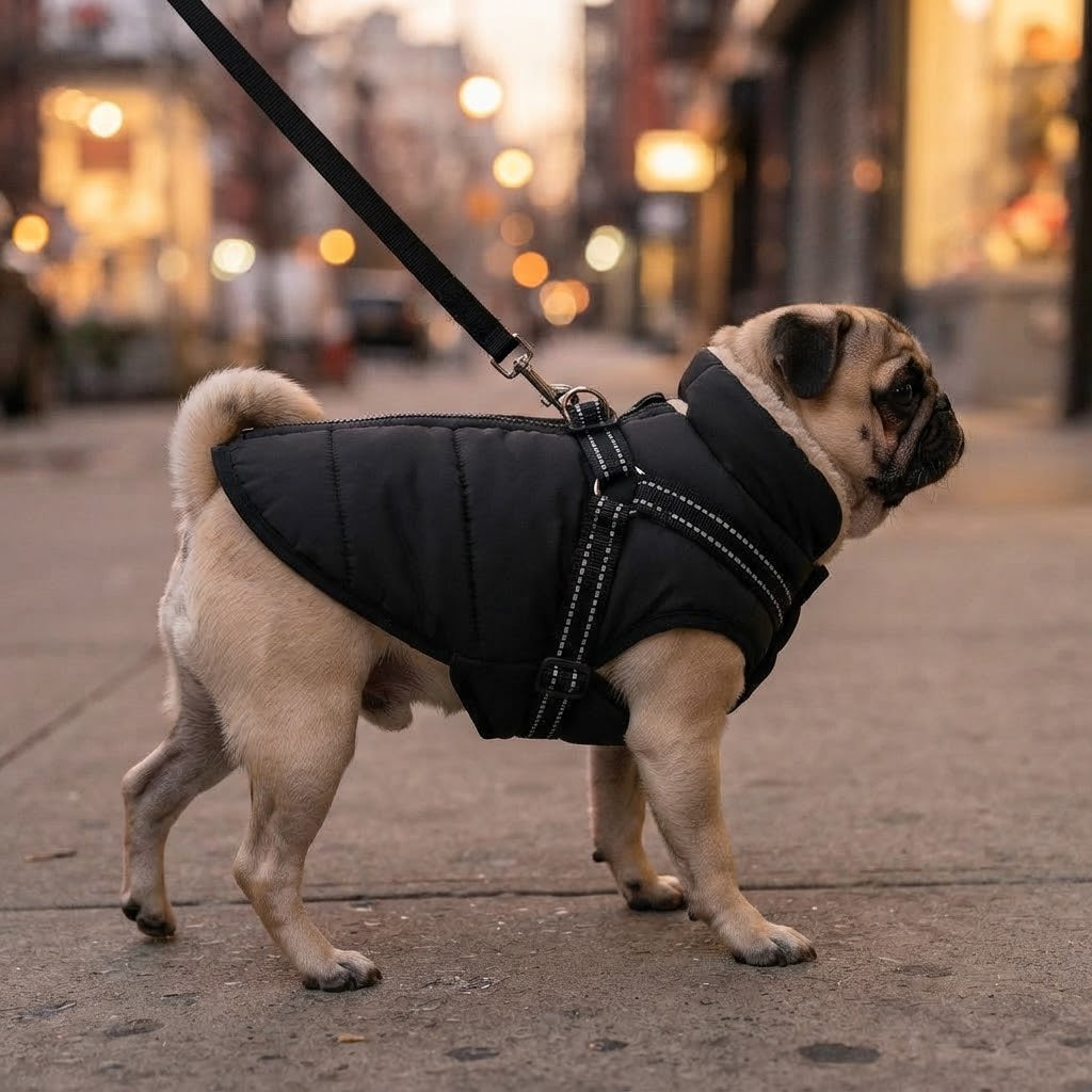 Carlin en promenade en ville le soir avec la veste d'hiver noire et sa laisse