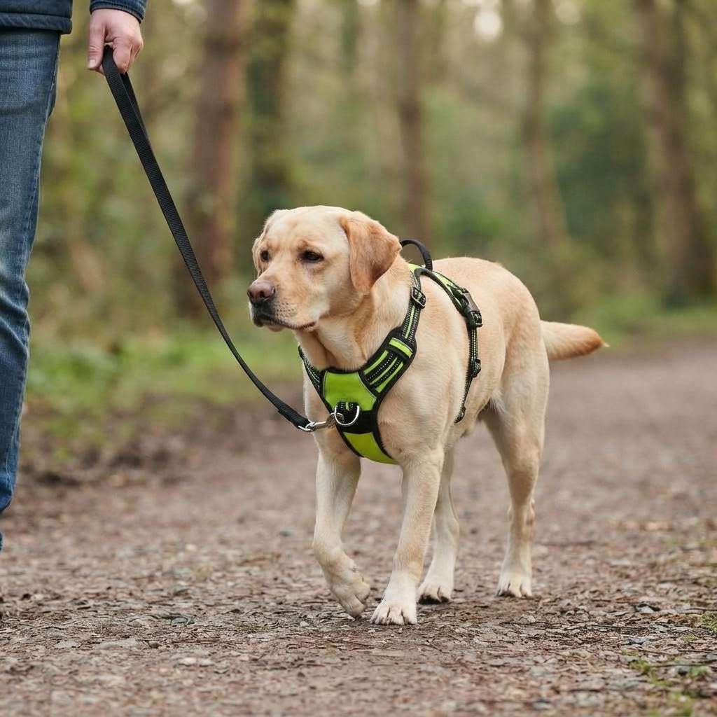 Labrador marchant calmement en laisse accrochée au clip frontal du harnais anti-traction vert