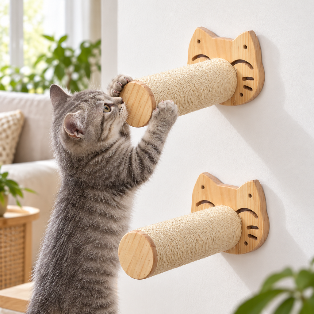 Chaton gris jouant avec les griffoirs muraux en sisal tête de chat