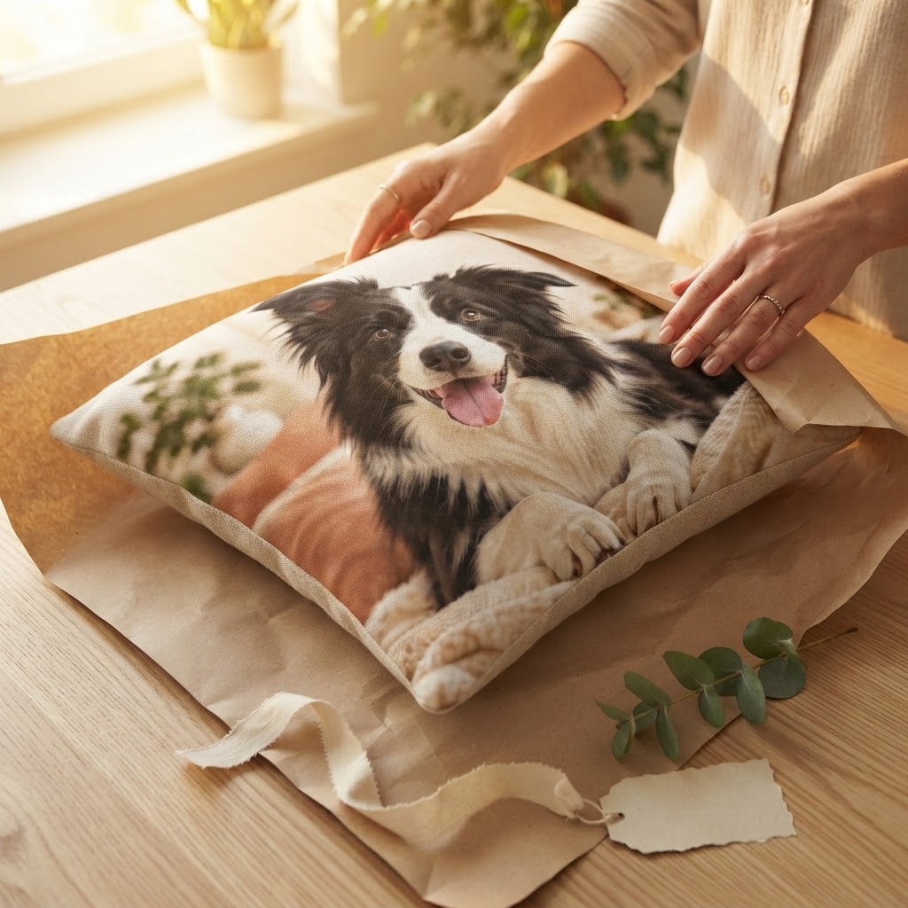 Housse de coussin personnalisée border collie déballée d'un papier kraft, idée cadeau