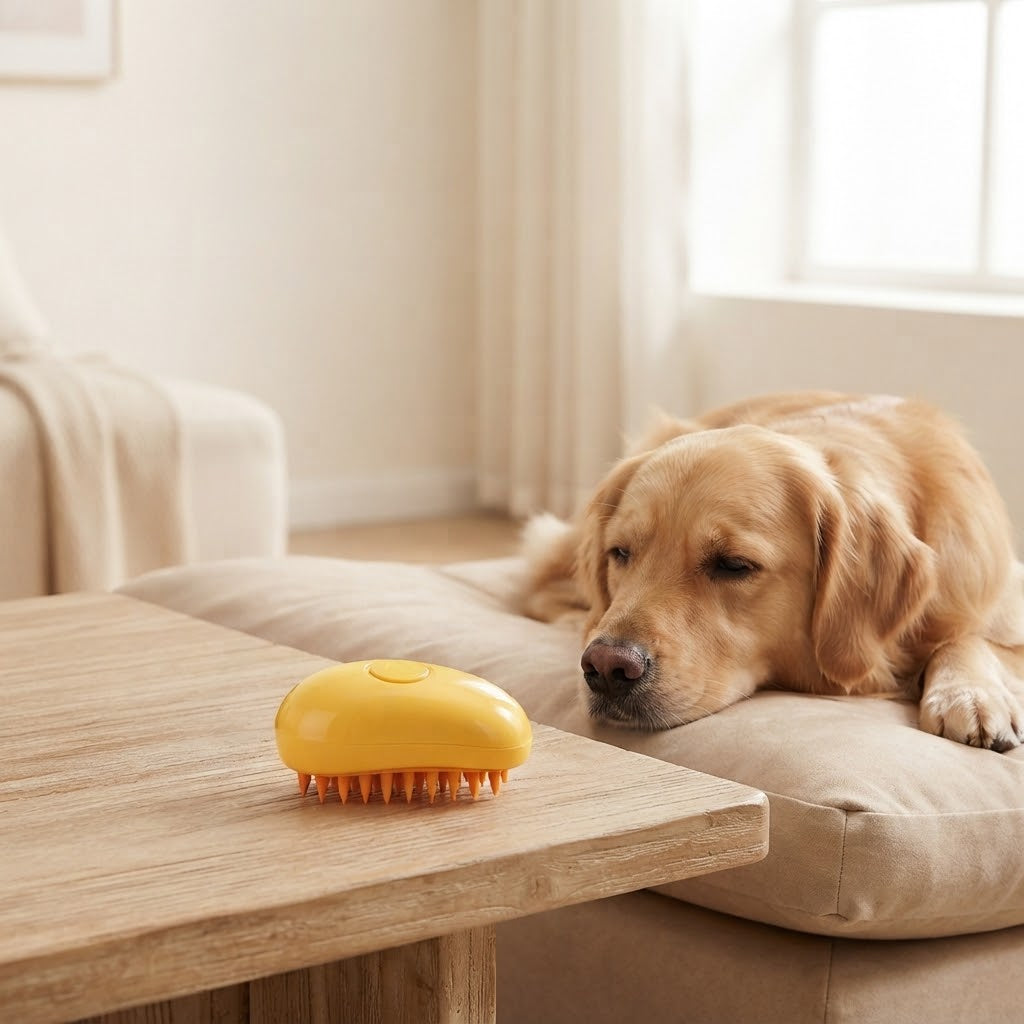 Brosse vapeur jaune posée sur une table près d'un golden retriever apaisé