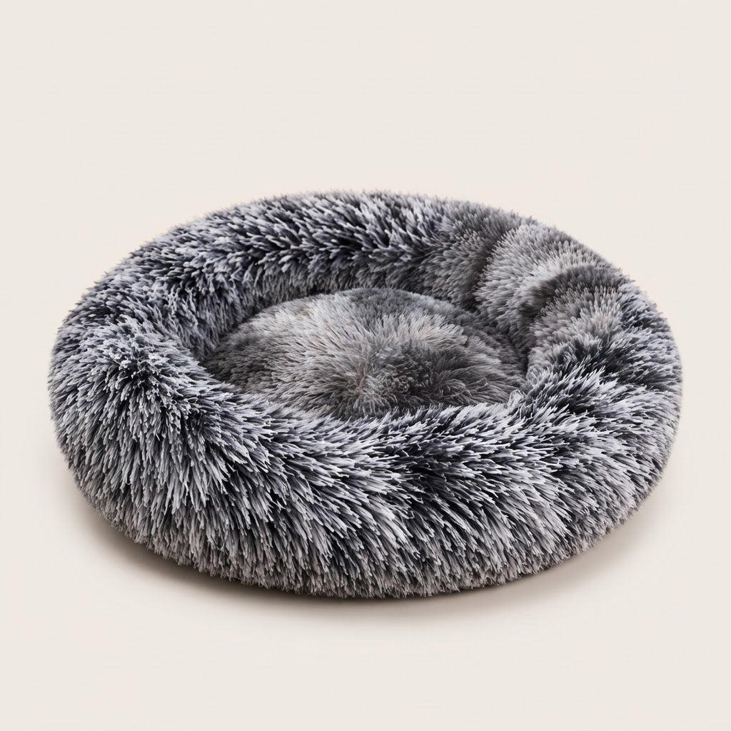 Coussin donut apaisant noir dégradé en peluche longue pour chien et chat