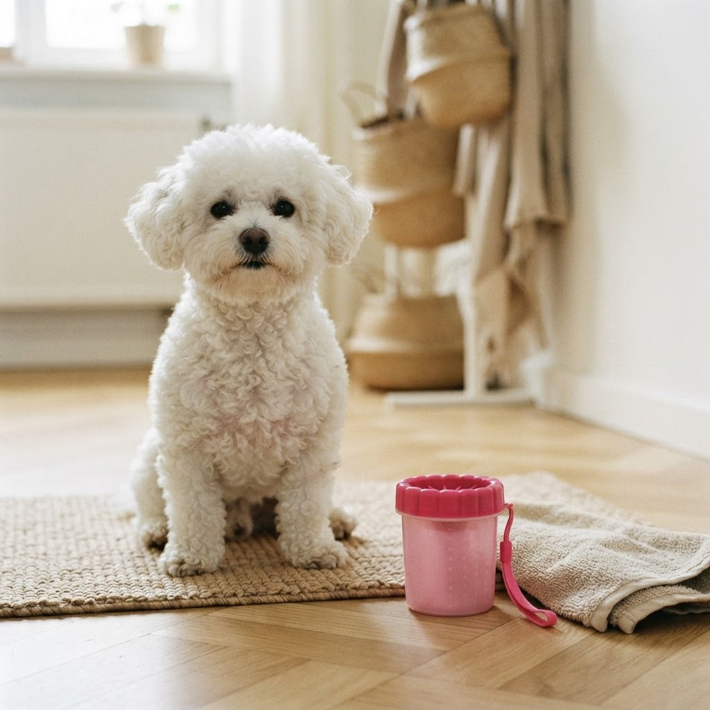 Bichon blanc sur un paillasson à côté du petit nettoyeur de pattes rose