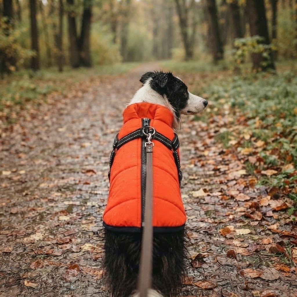 Border collie vu de dos en balade d'automne, laisse accrochée au harnais intégré de la veste rouge orangé