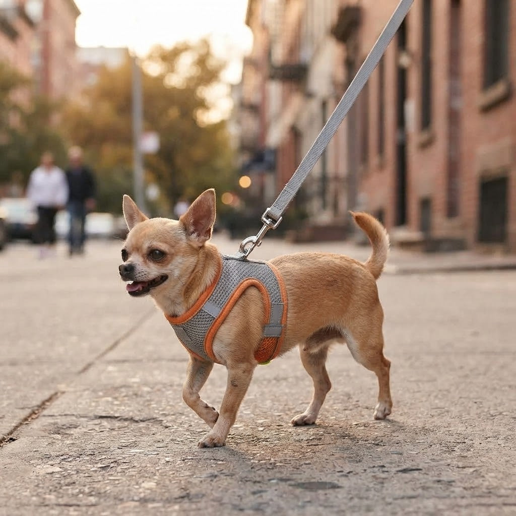 Chihuahua en promenade en ville avec le harnais orange et sa laisse accrochée à l'anneau du dos