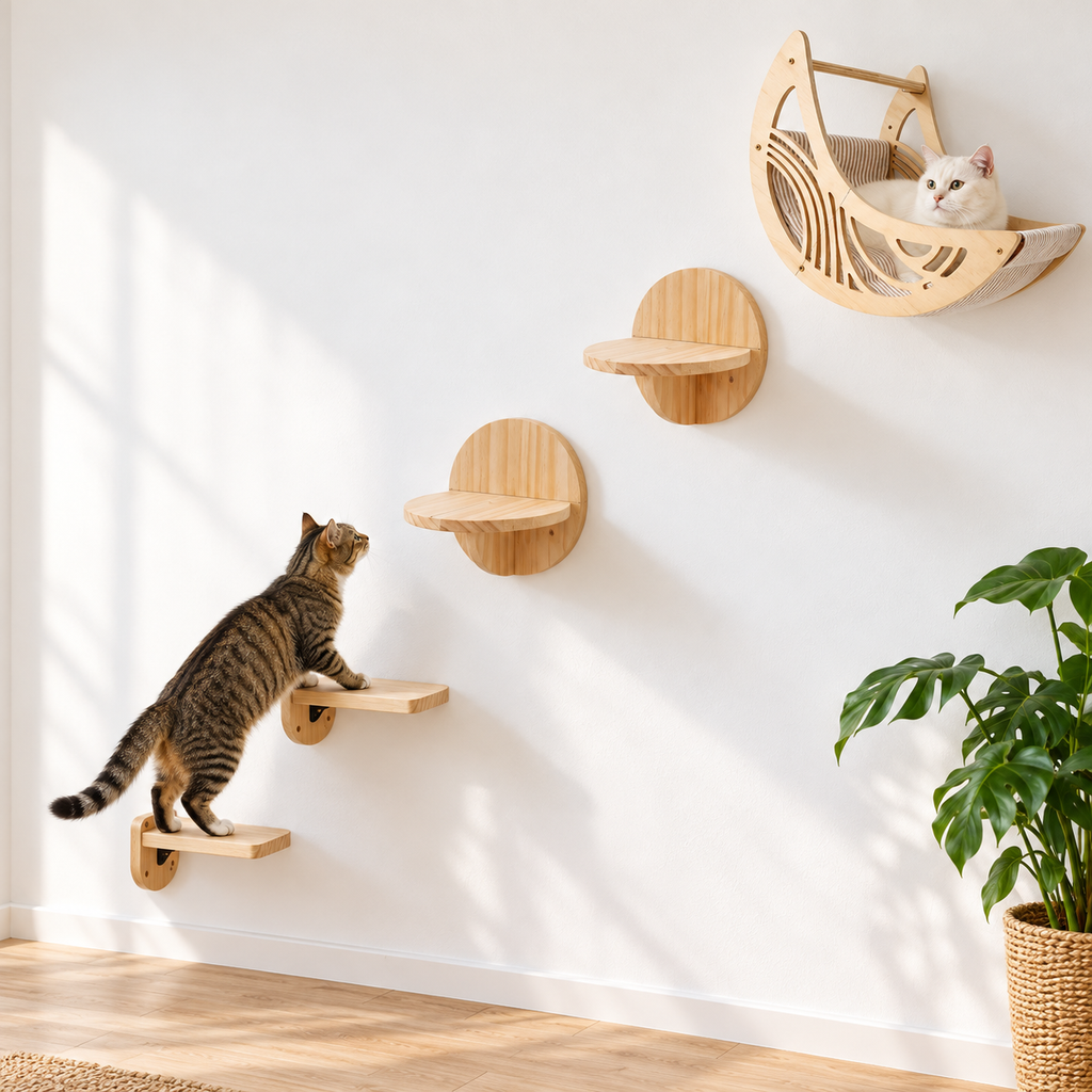 Parcours mural pour chat avec marches, plateformes rondes et lit lune (éléments vendus séparément)