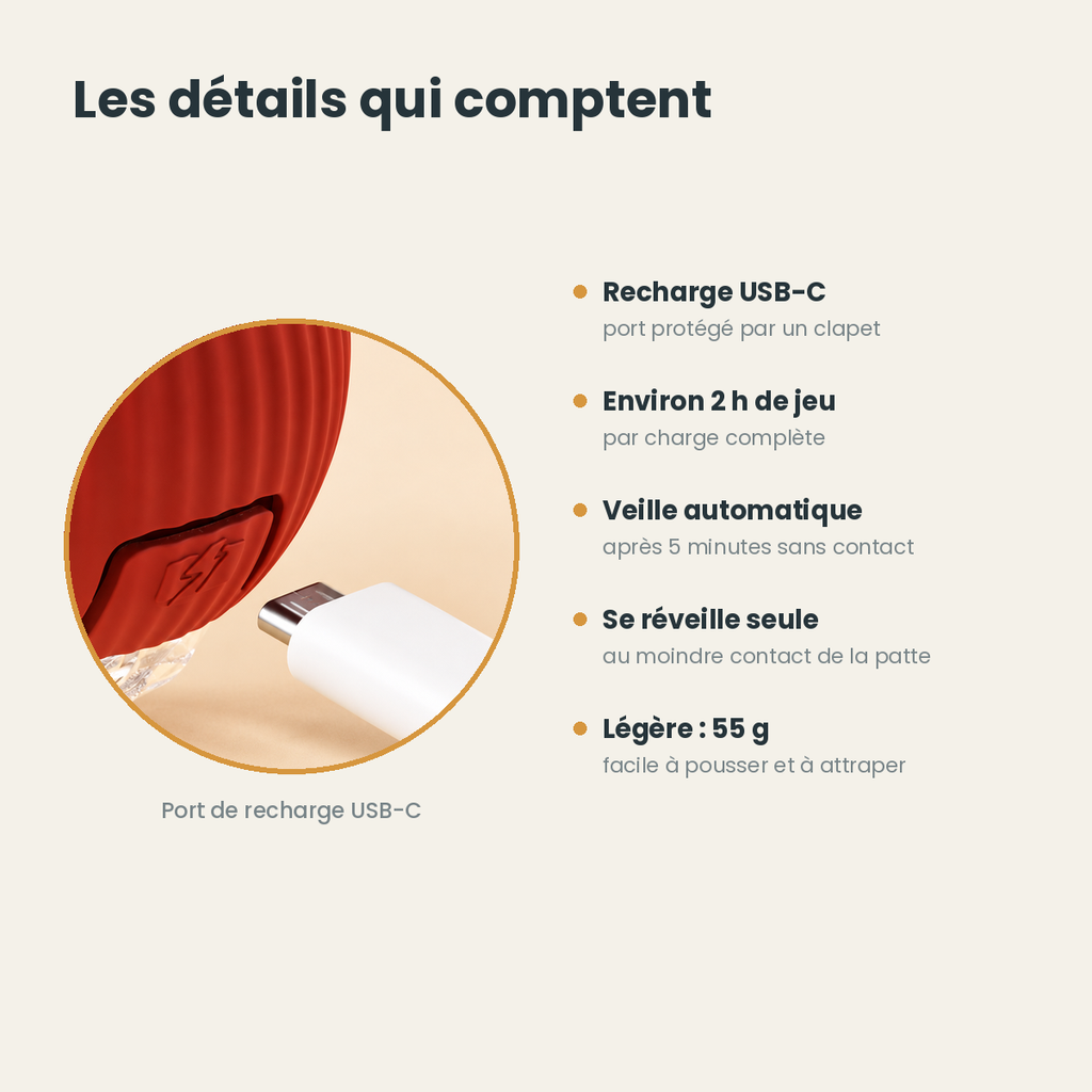 Détails de la balle automatique : recharge USB-C, environ 2 h de jeu, veille après 5 minutes, réveil au contact, 55 g