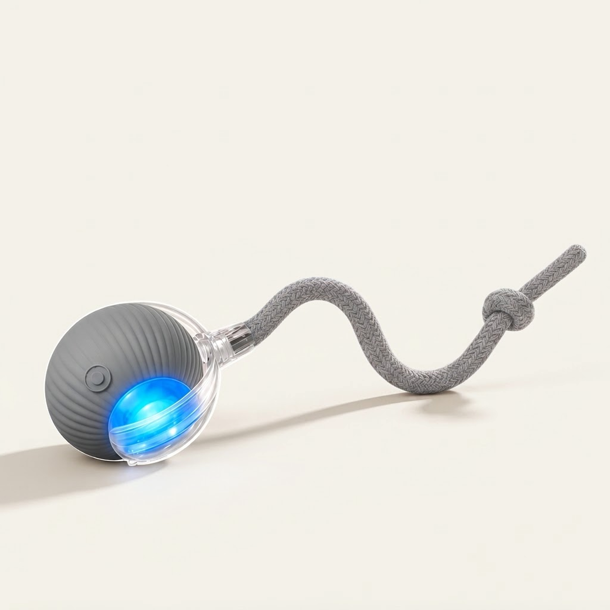 Balle automatique interactive pour chat grise avec queue en cordelette tressée et voyant lumineux