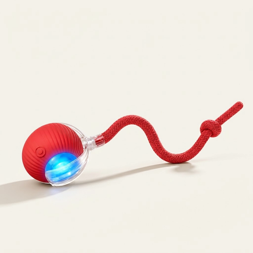 Balle automatique interactive pour chat rouge avec queue en cordelette tressée et voyant lumineux