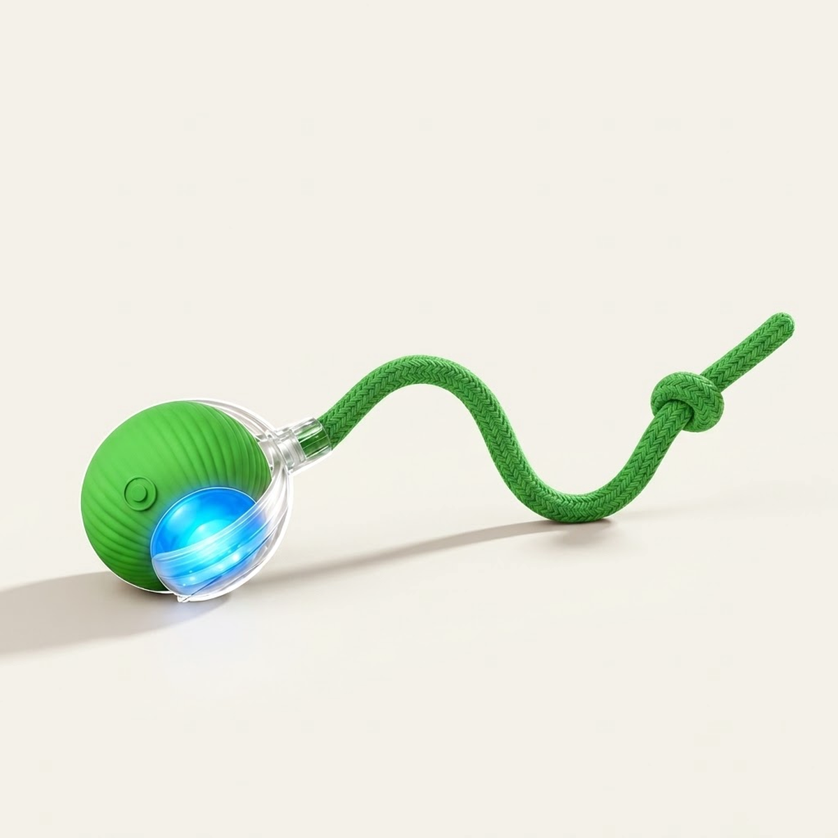 Balle automatique interactive pour chat verte avec queue en cordelette tressée et voyant lumineux