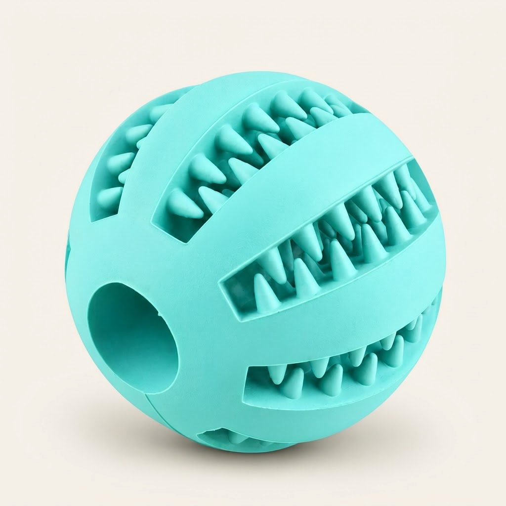 Balle distributrice de friandises pour chien bleue, picots de massage en relief et trou pour les friandises