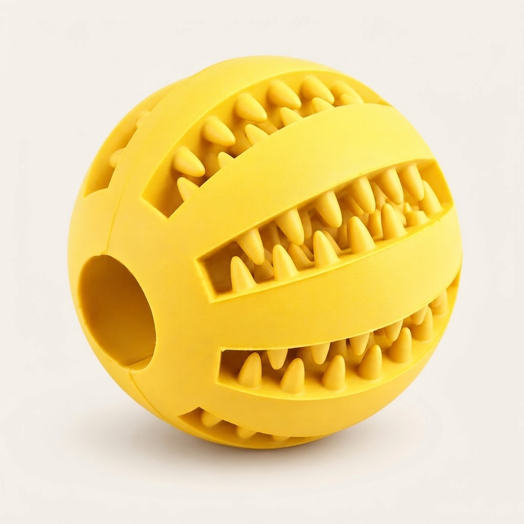 Balle distributrice de friandises pour chien jaune, picots de massage en relief et trou pour les friandises
