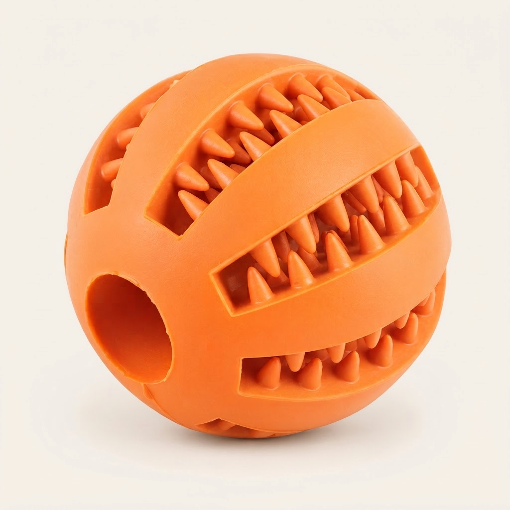 Balle distributrice de friandises pour chien orange, picots de massage en relief et trou pour les friandises