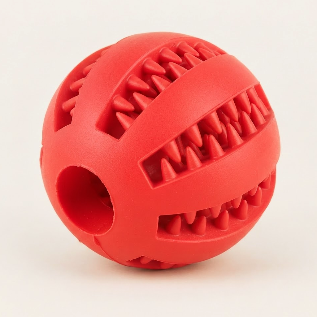 Balle distributrice de friandises pour chien rouge, picots de massage en relief et trou pour les friandises