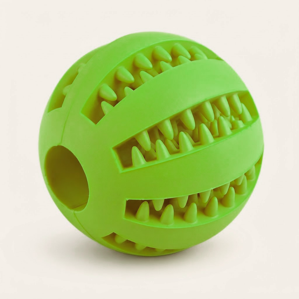 Balle distributrice de friandises pour chien verte, picots de massage en relief et trou pour les friandises