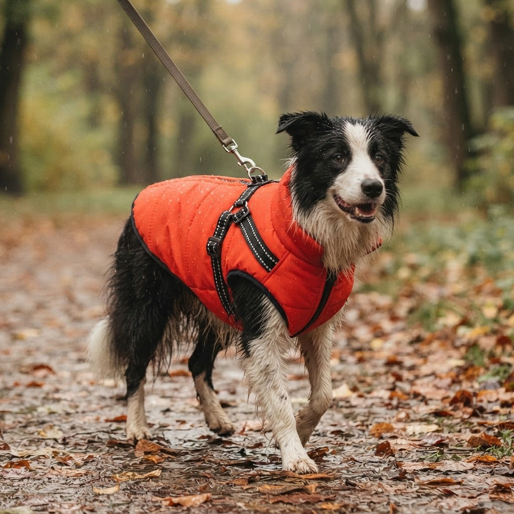 Border collie en balade sous la pluie avec la veste d'hiver rouge orangé