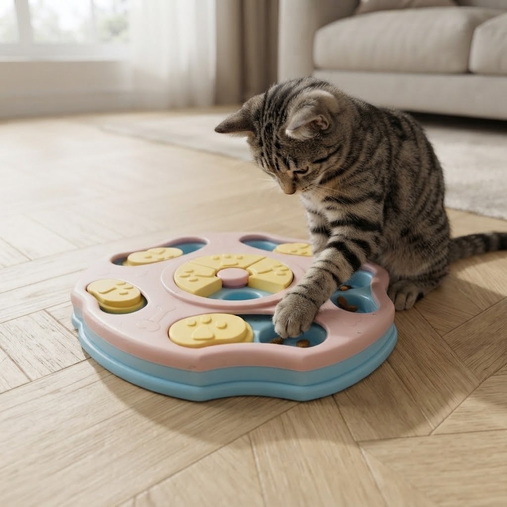 Chat tigré attrapant une croquette avec sa patte dans la gamelle anti-glouton rose