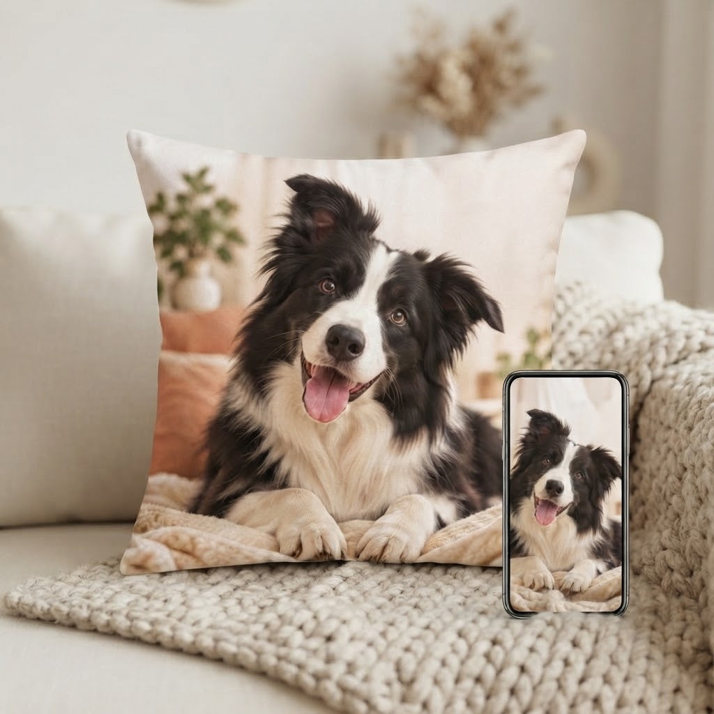 Housse de coussin imprimée à côté d'un téléphone affichant la photo d'origine du border collie