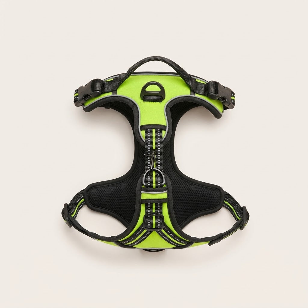 Harnais anti-traction pour chien vert et noir avec clip frontal, poignée et bandes réfléchissantes