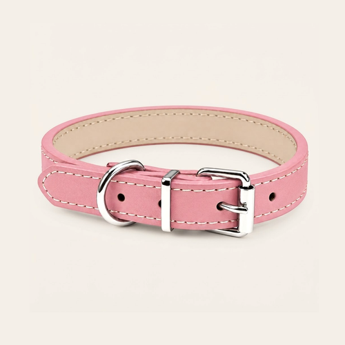 Collier réglable en cuir souple rose avec doublure beige, boucle et anneau en métal argenté