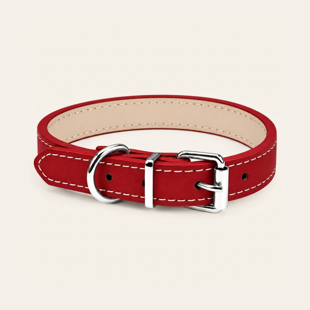 Collier réglable en cuir souple rouge avec doublure beige, boucle et anneau en métal argenté