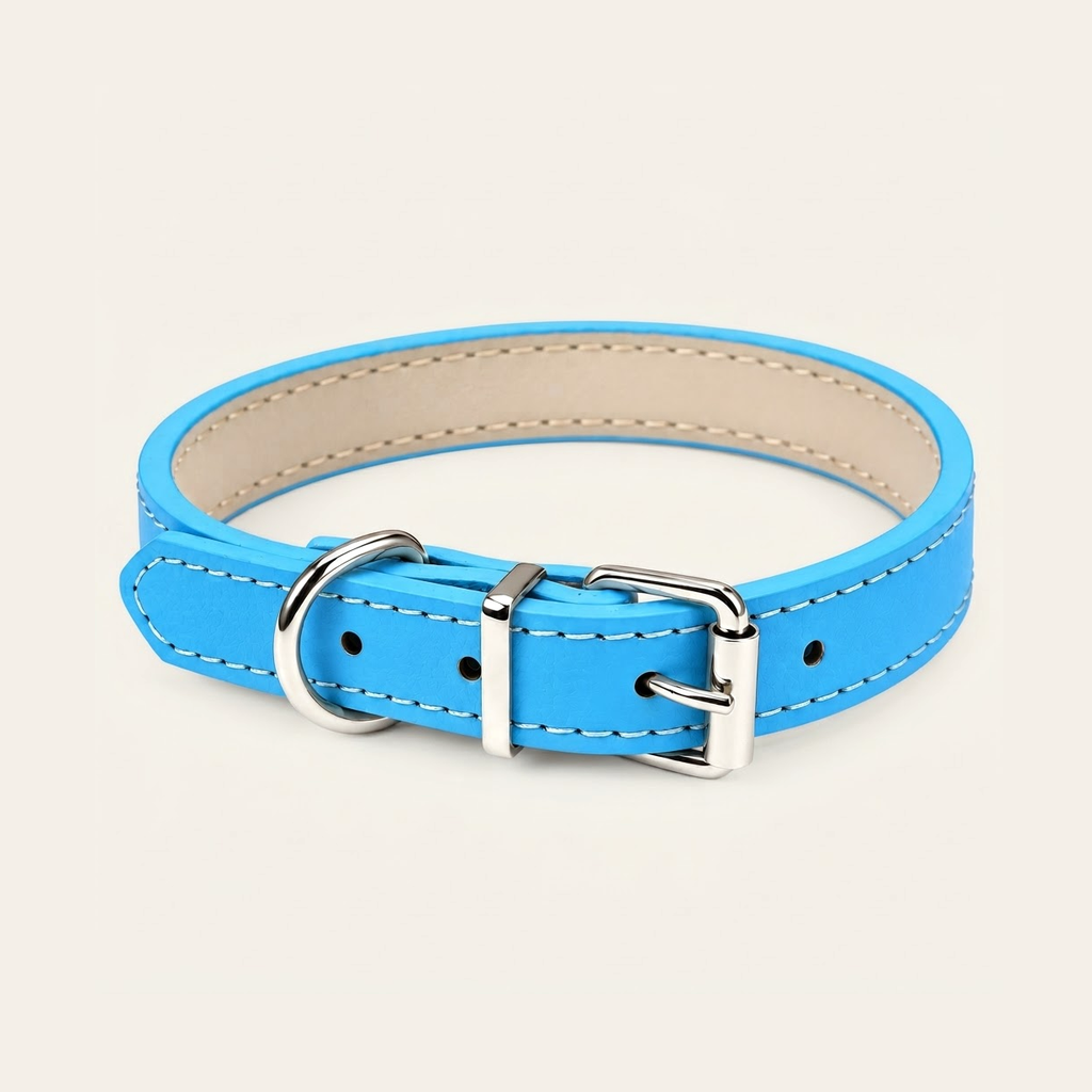 Collier réglable en cuir souple turquoise avec doublure beige, boucle et anneau en métal argenté