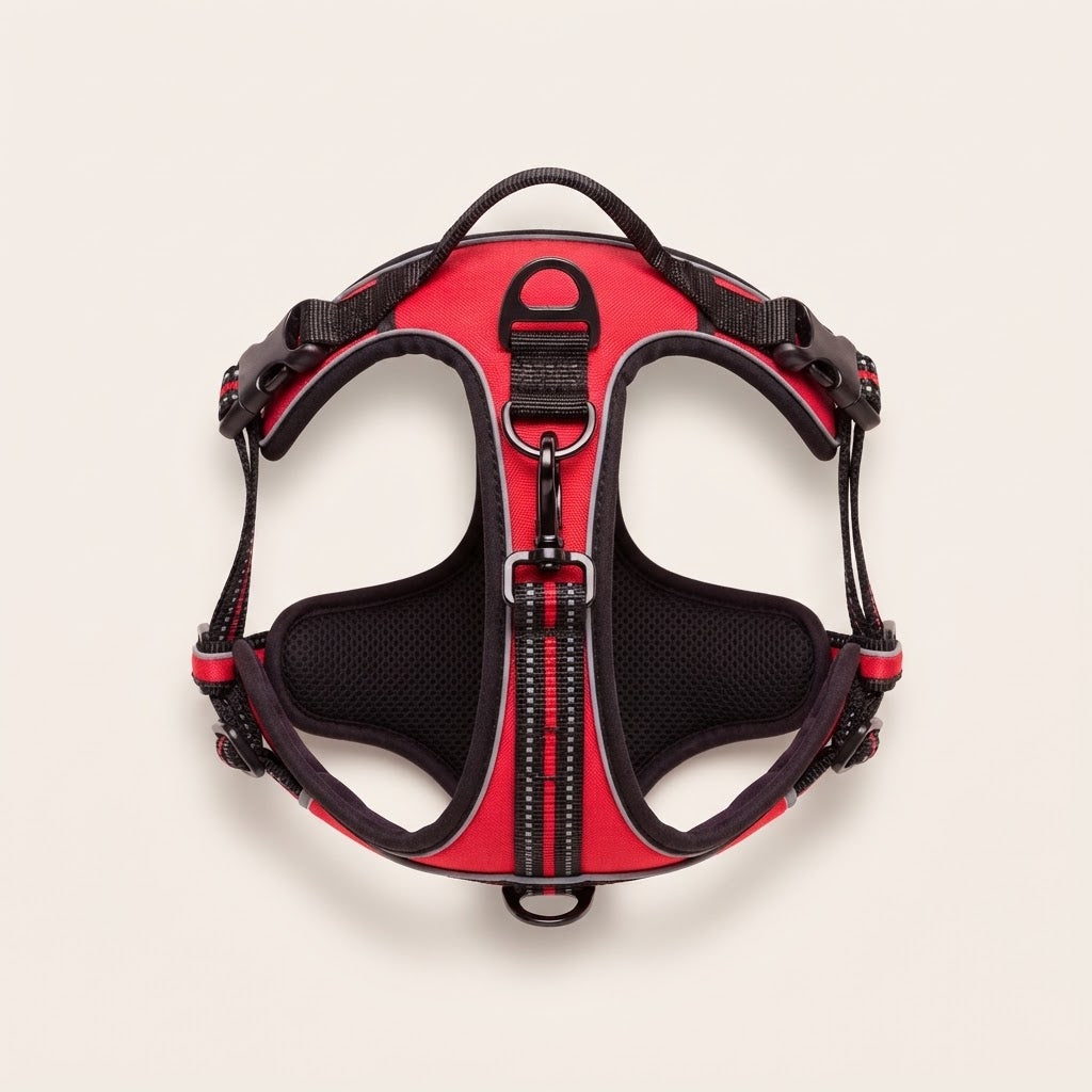Harnais anti-traction pour chien rouge et noir avec clip frontal, poignée et bandes réfléchissantes