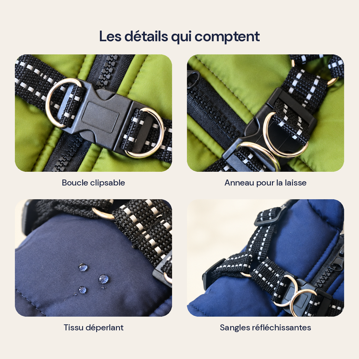 Détails de la veste pour chien : boucle clipsable, anneau pour la laisse, tissu déperlant et sangles réfléchissantes