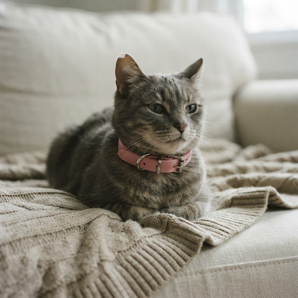 Chat gris tigré couché sur un plaid portant le collier en cuir rose