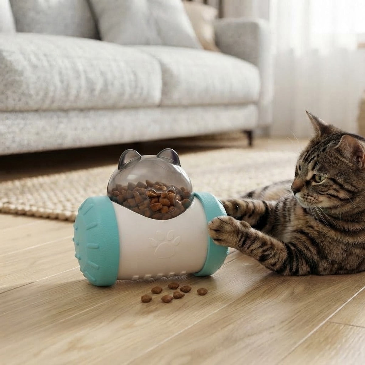 Chat tigré couché dans un salon qui pousse de la patte le distributeur culbuto turquoise, quelques croquettes tombées sur le parquet